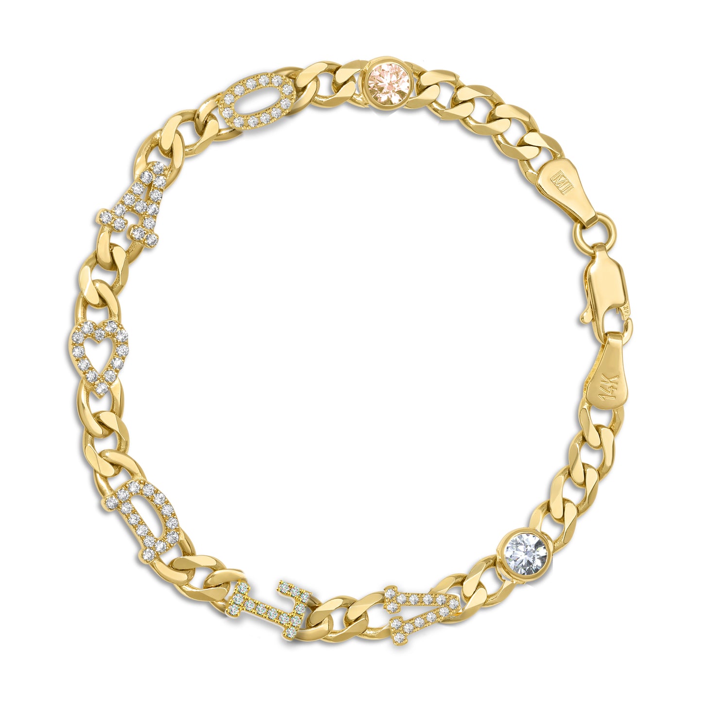 Large curb chain bracelet with diamond letters .