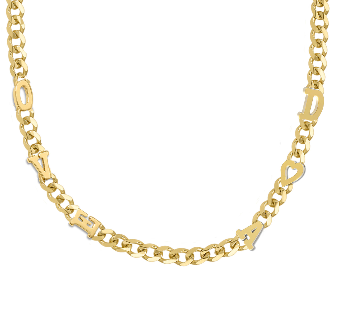 Large curb chain necklace with gold etterrs