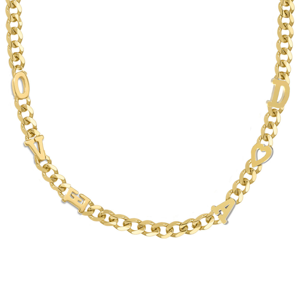 Large curb chain necklace with gold etterrs