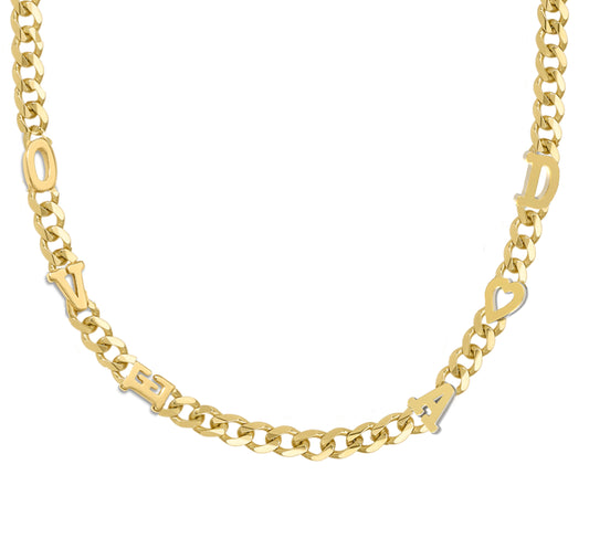 Large curb chain necklace with gold etterrs