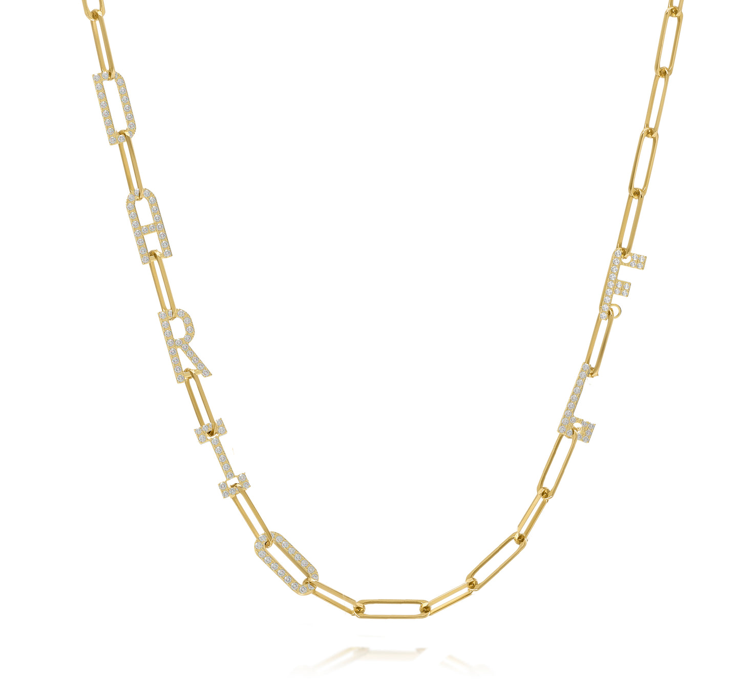 Paper clip chain necklace with pave letters