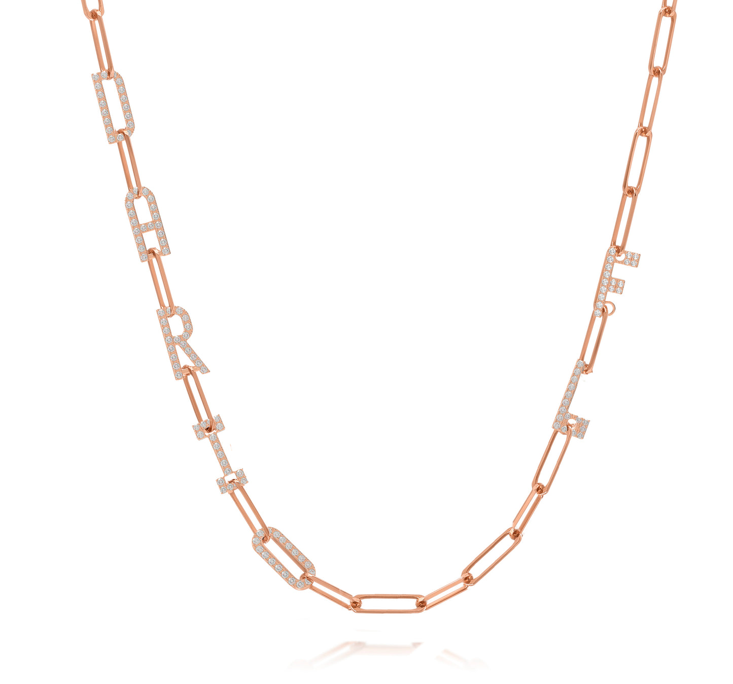 Paper clip chain necklace with pave letters