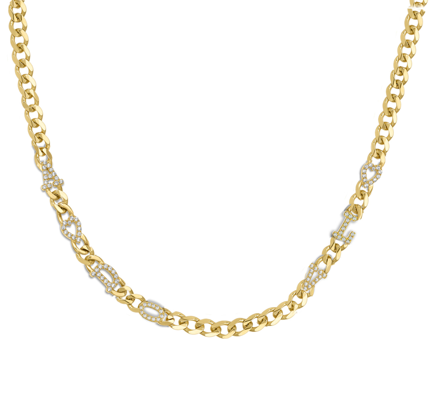 Large curb chain necklace with pave letterrs