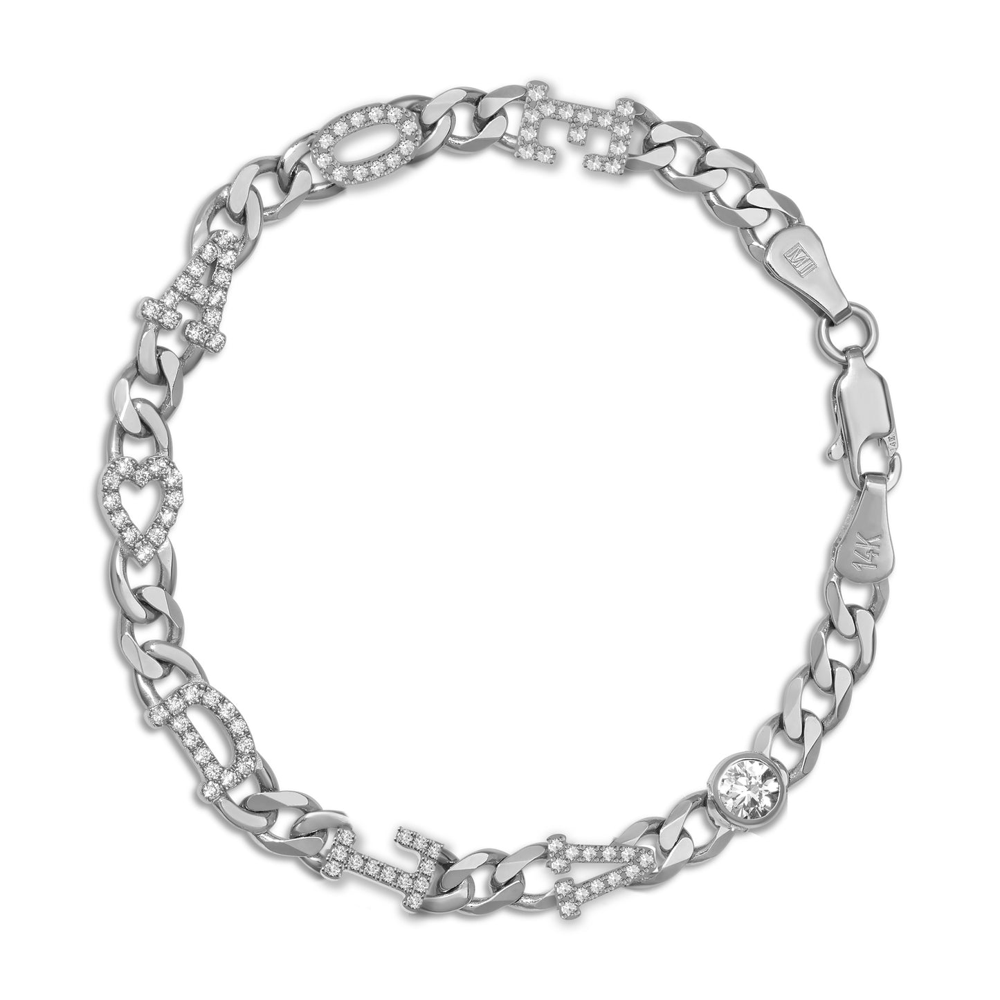 Large curb chain bracelet with diamond letters .