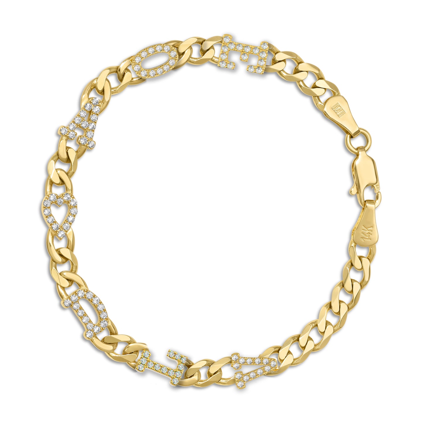 Large curb chain bracelet with diamond letters .