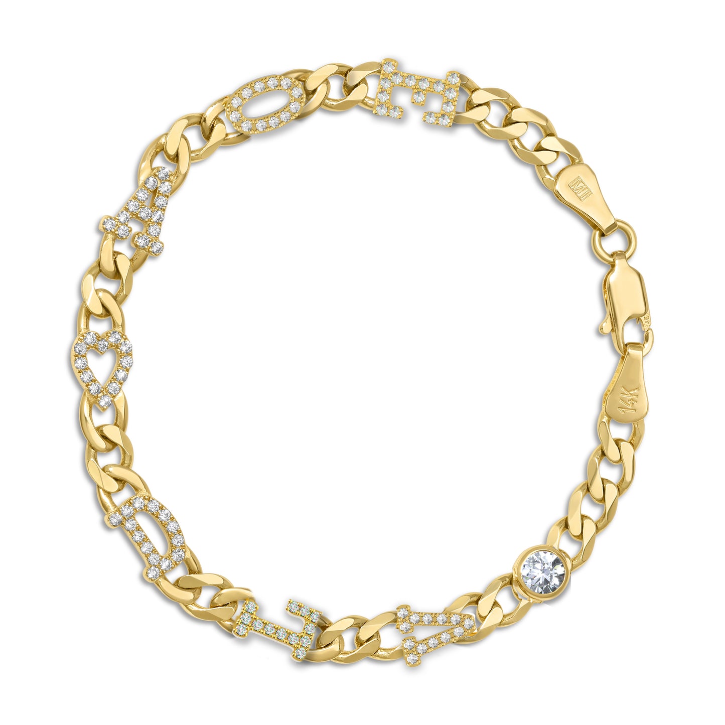 Large curb chain bracelet with diamond letters .