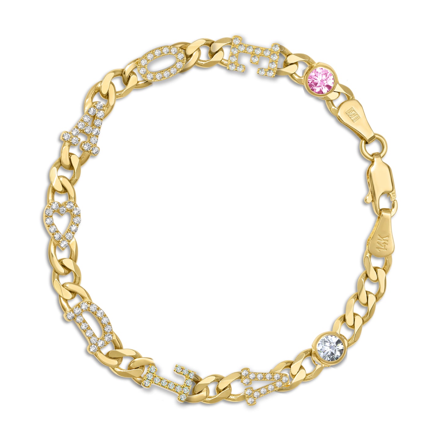 Large curb chain bracelet with diamond letters .