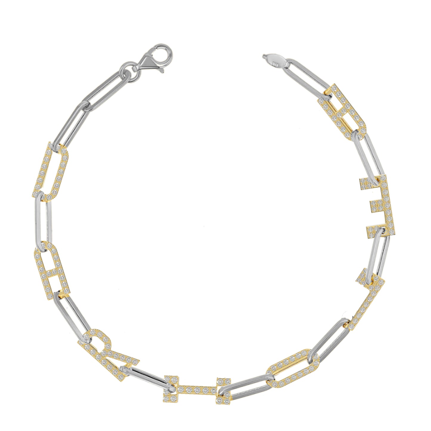 Silver and Gold Paper clip chain Bracelet with pave letters