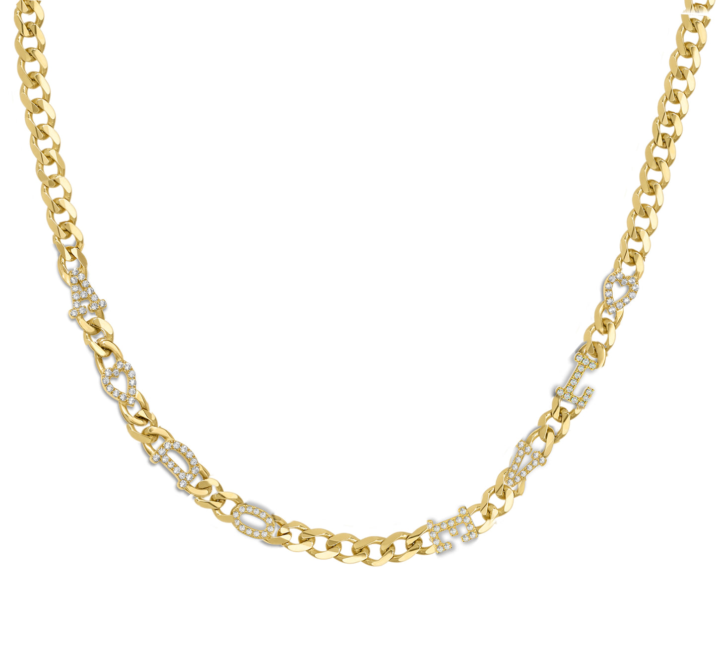 Large curb chain necklace with pave letterrs