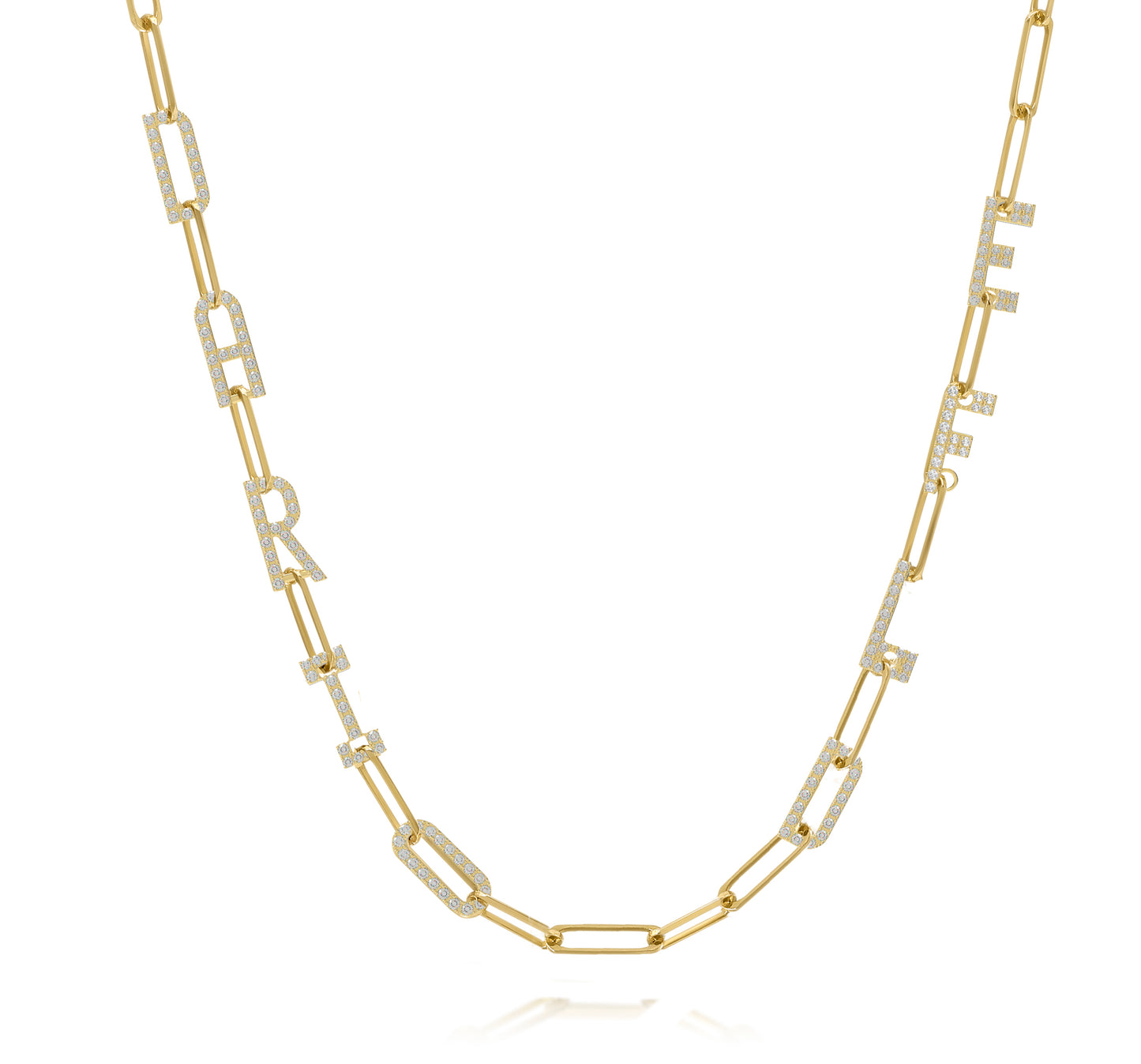 Paper clip chain necklace with pave letters