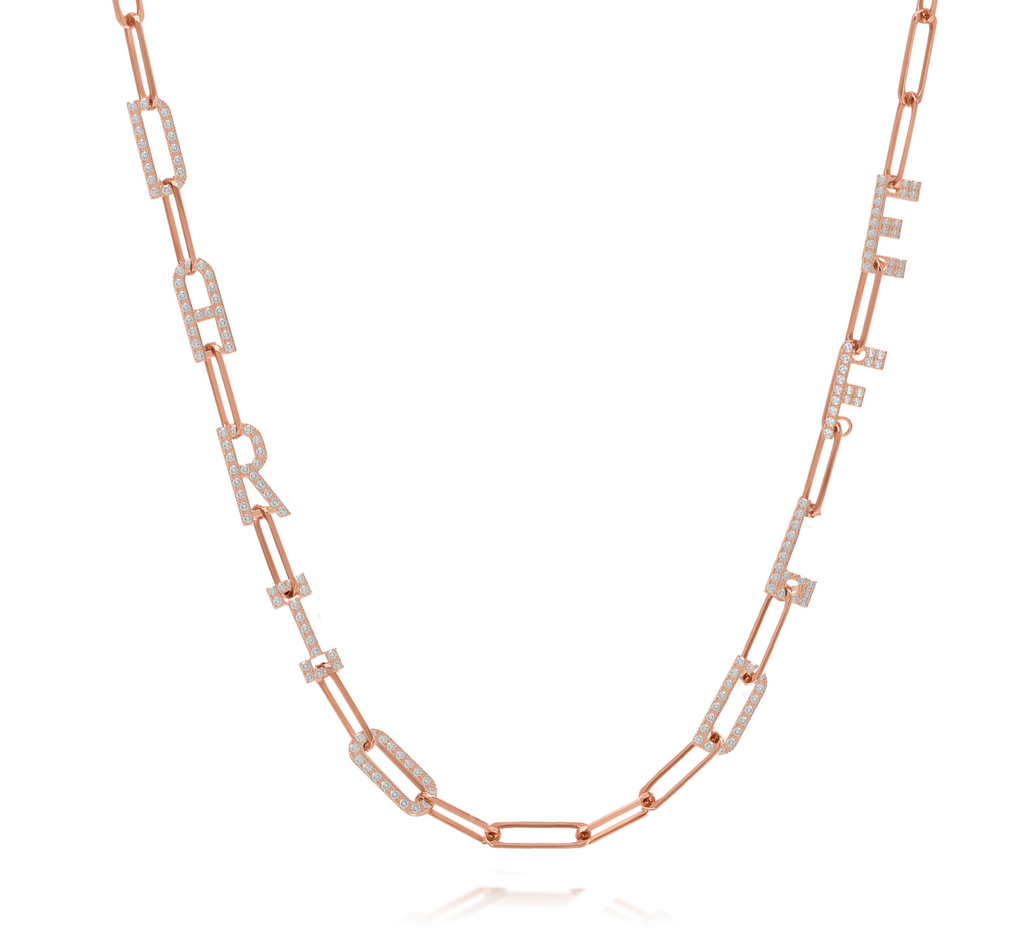 Paper clip chain necklace with pave letters