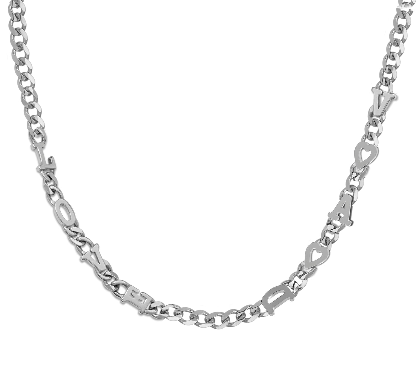 Large curb chain necklace with gold etterrs