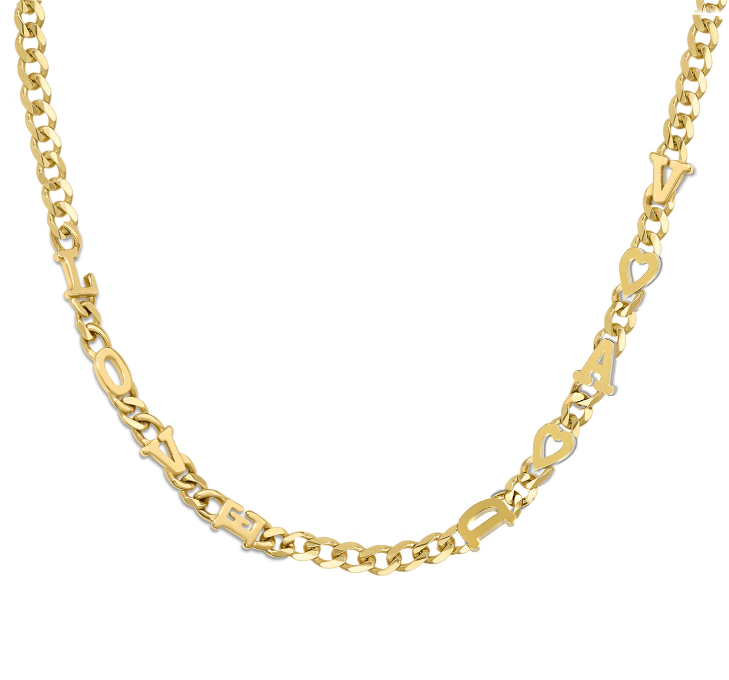 Large curb chain necklace with gold etterrs