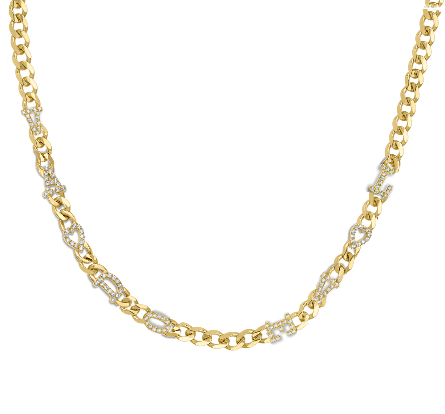 Large curb chain necklace with pave letterrs