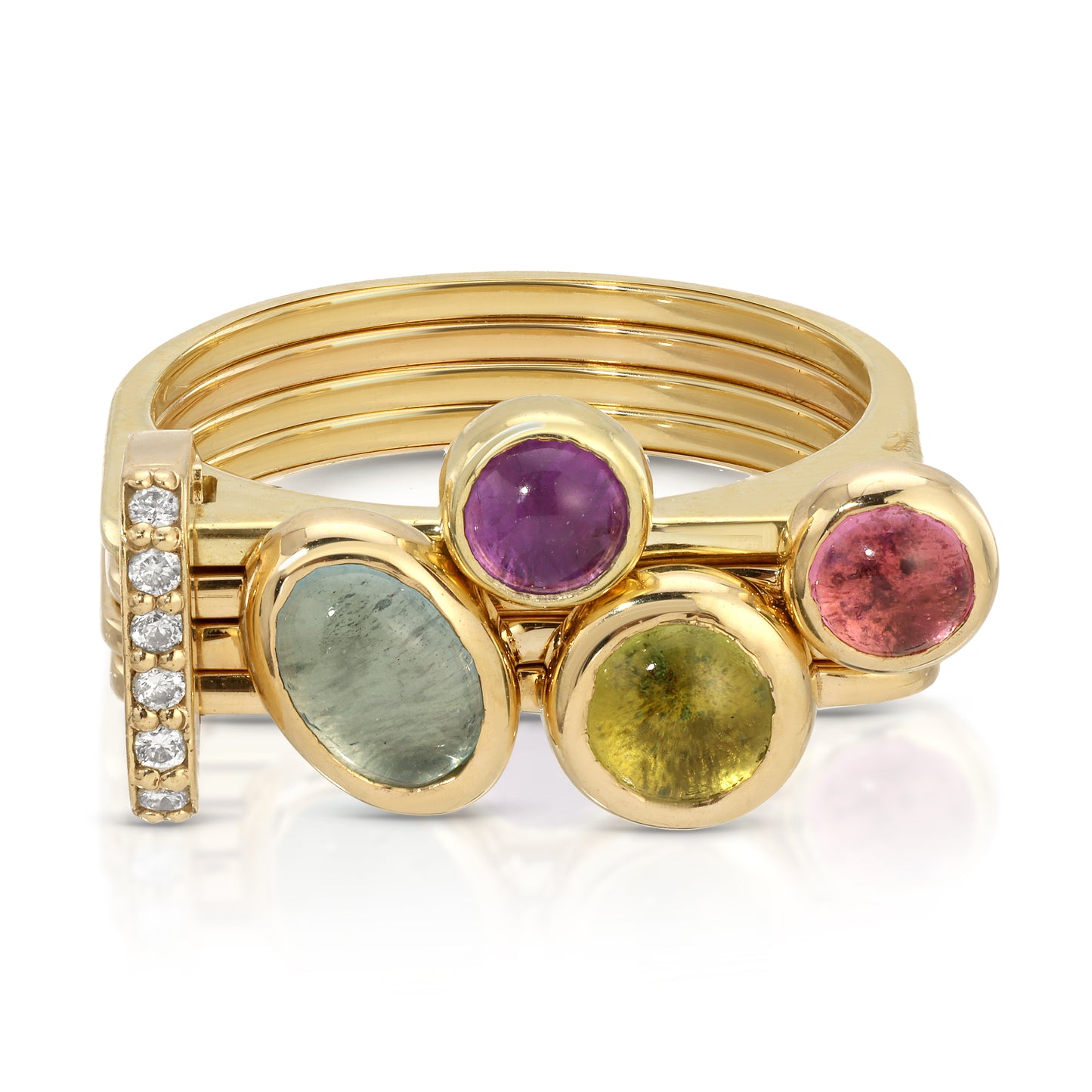 One of a kind, LNQD Stacking Ring – Blue Topaz, Amethyst, Garnet & Pink Tourmaline in 14k Gold