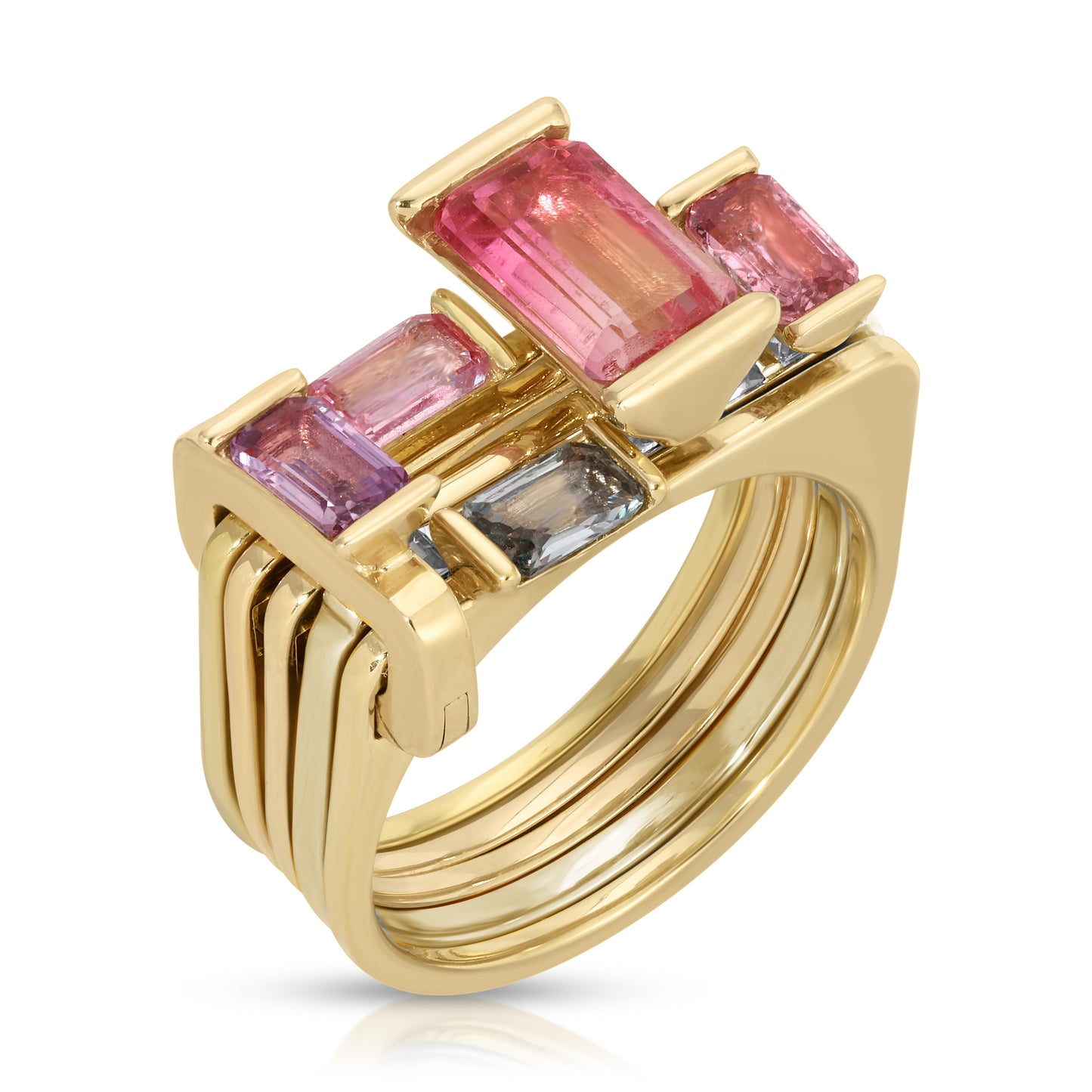One of a kind, LNQD Stacking Ring – Watermelon Tourmaline & Pink sapphire with baguette diamonds