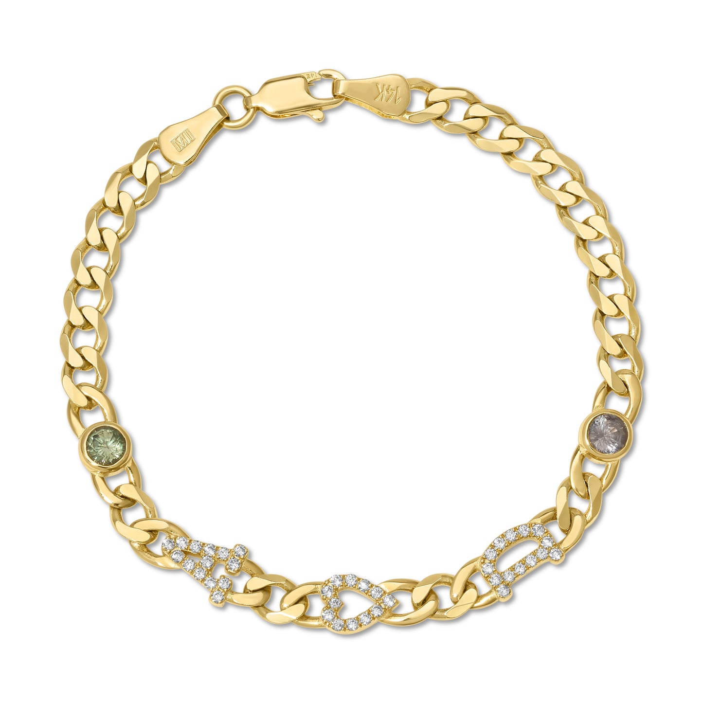 Large curb chain bracelet with diamond letters .