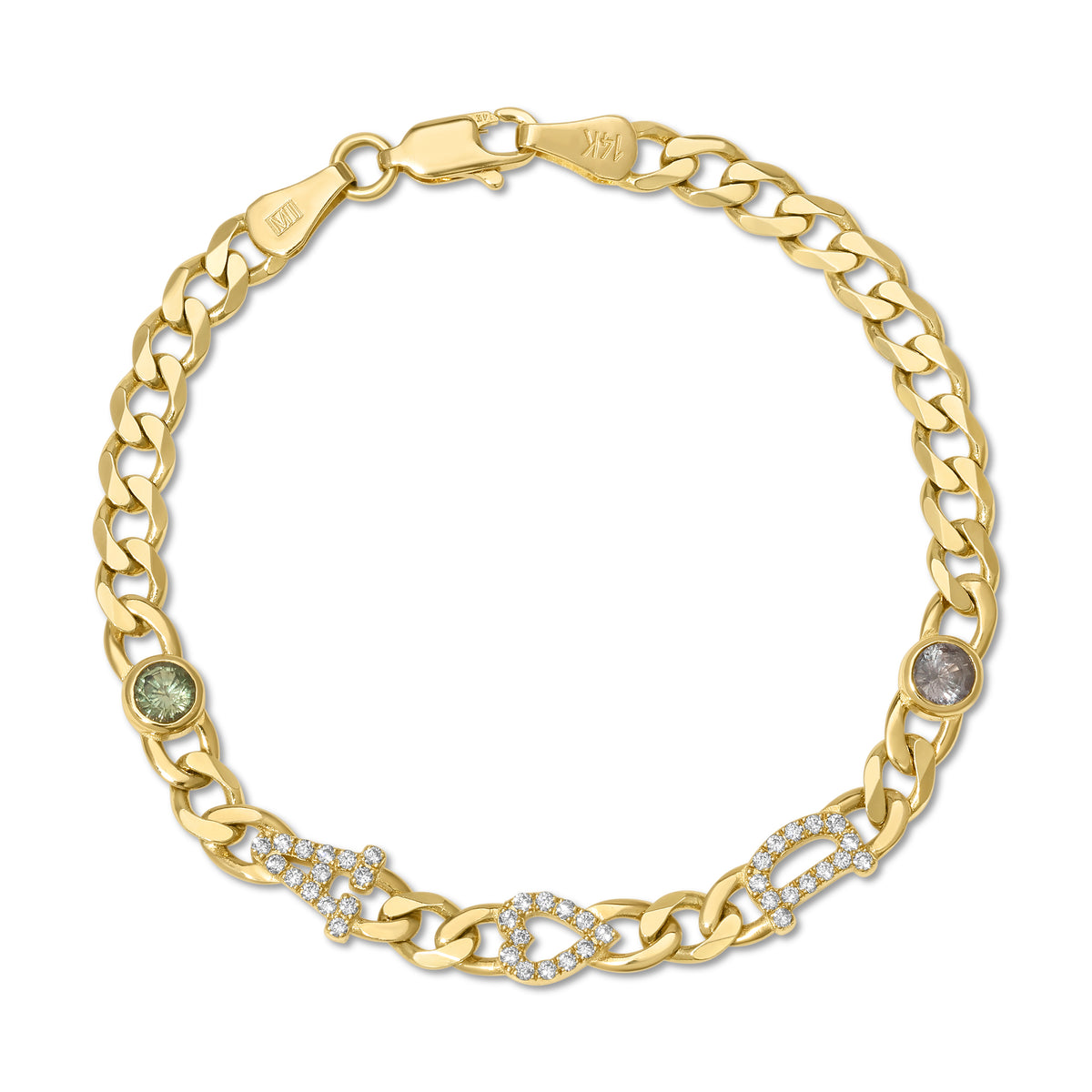 Large curb chain bracelet with diamond letters .