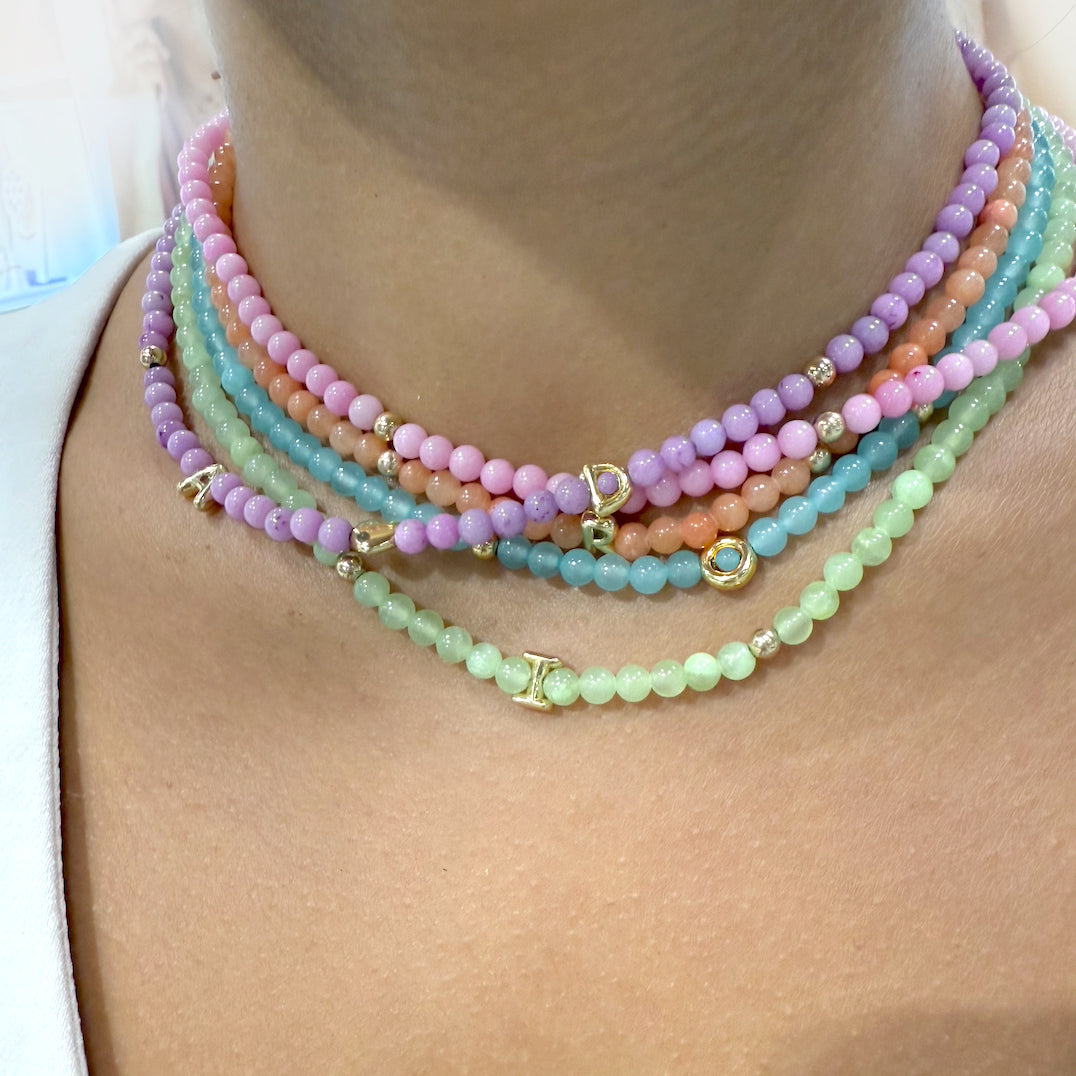 Solid Gold Bubble Letter Gemstone Beaded Necklace