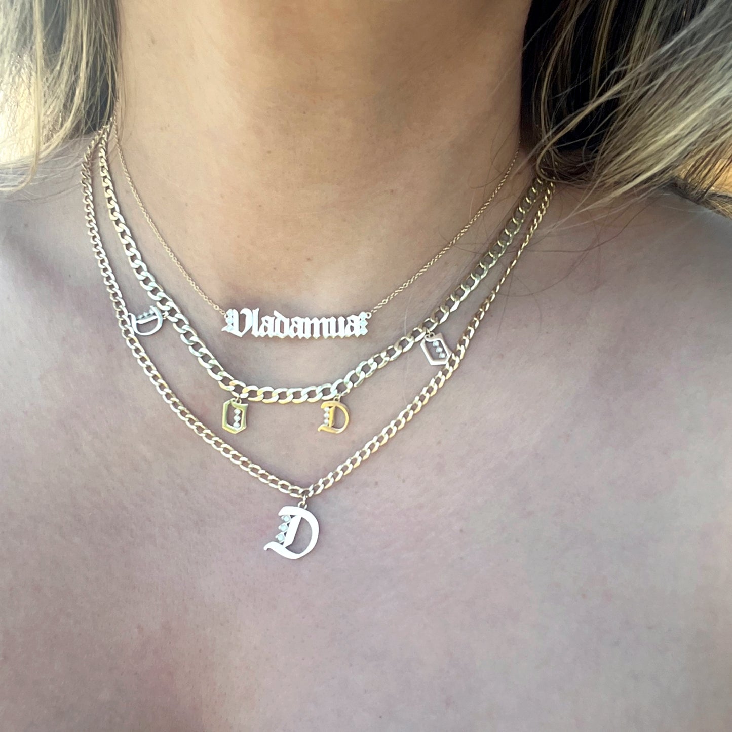 Gothic Multi Initial Necklace on curb chain