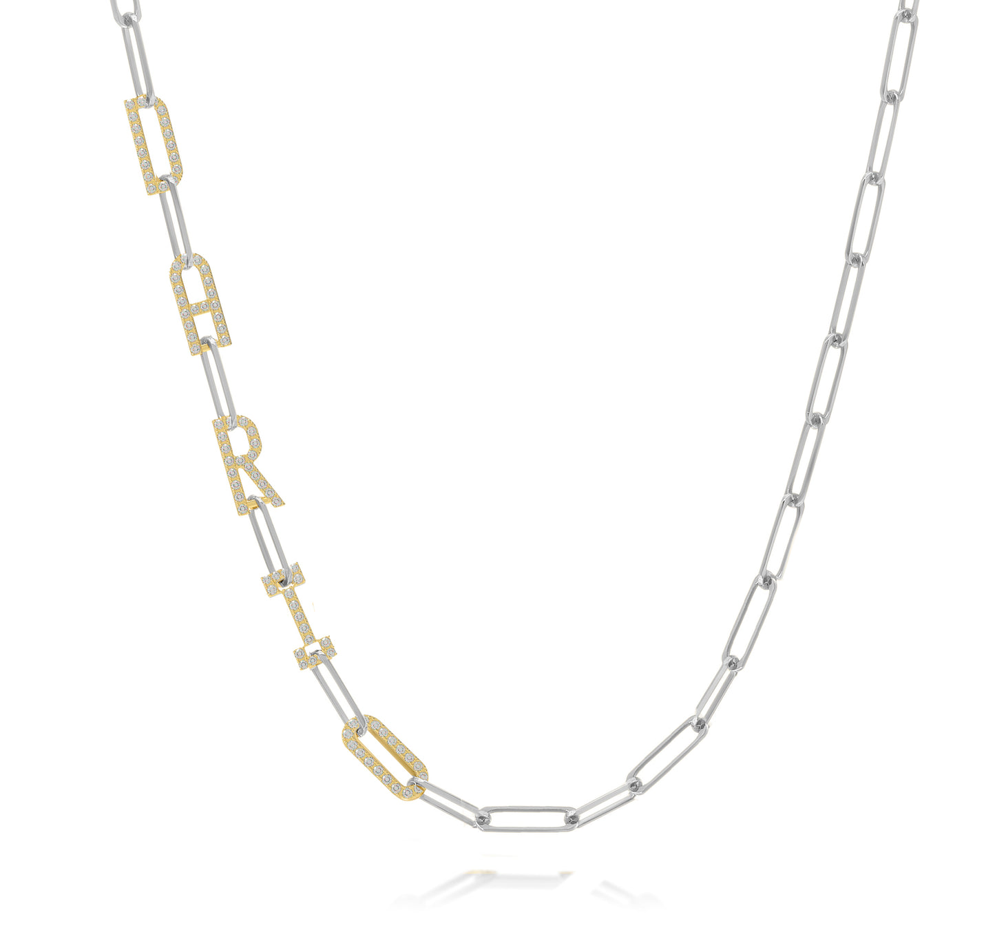 Silver and Gold Paper clip chain necklace with  Pave letters