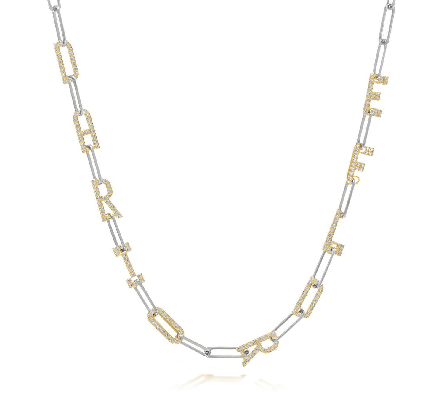 Silver and Gold Paper clip chain necklace with  Pave letters