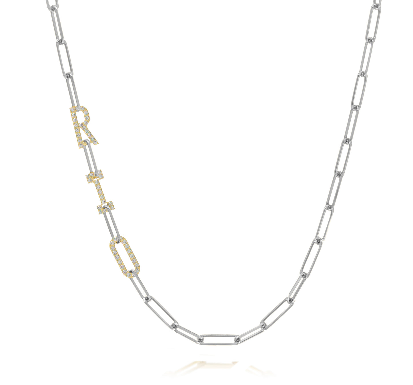 Silver and Gold Paper clip chain necklace with  Pave letters