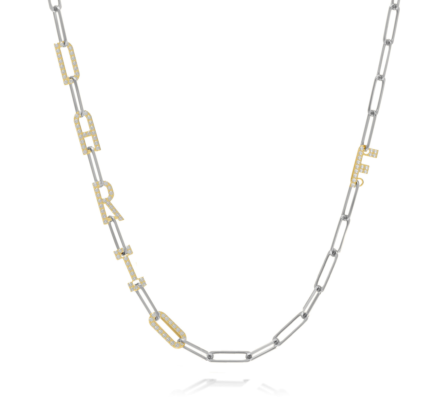 Silver and Gold Paper clip chain necklace with  Pave letters