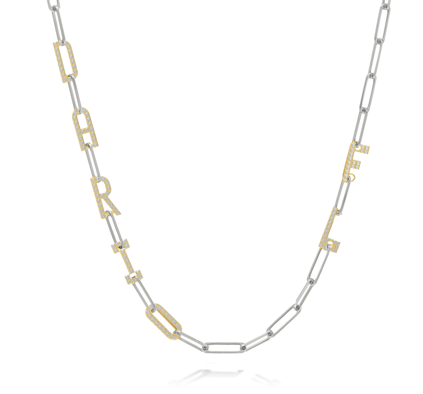 Silver and Gold Paper clip chain necklace with  Pave letters