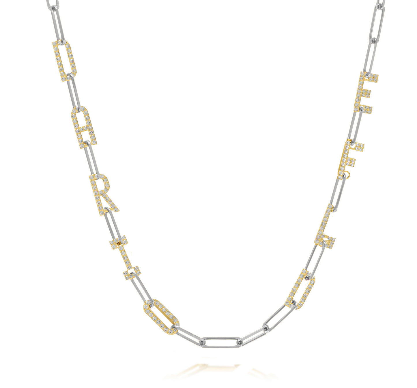 Silver and Gold Paper clip chain necklace with  Pave letters