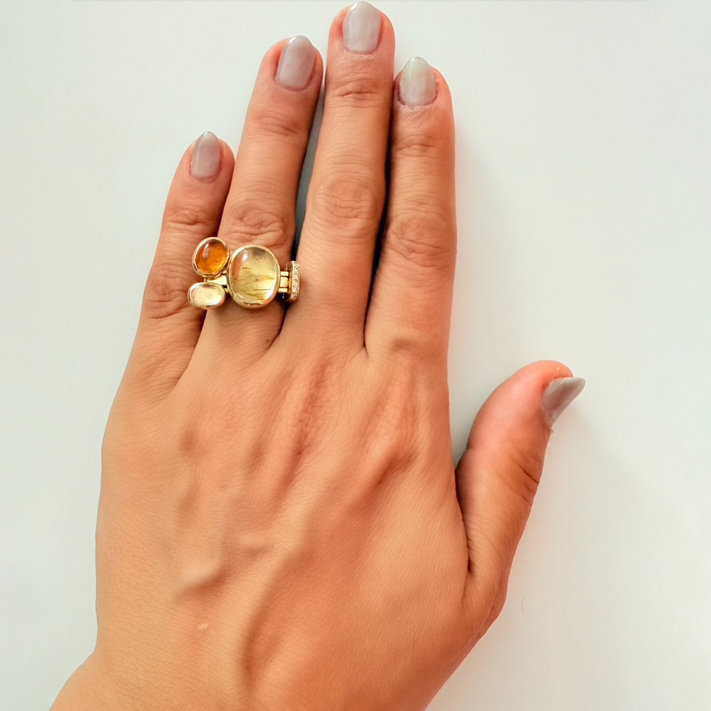 One of a kind, LNQD Stacking Ring; Rutilated Quartz, Amber Moon stone