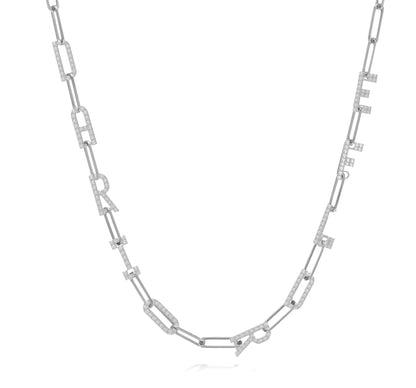 Paper clip chain necklace with pave letters