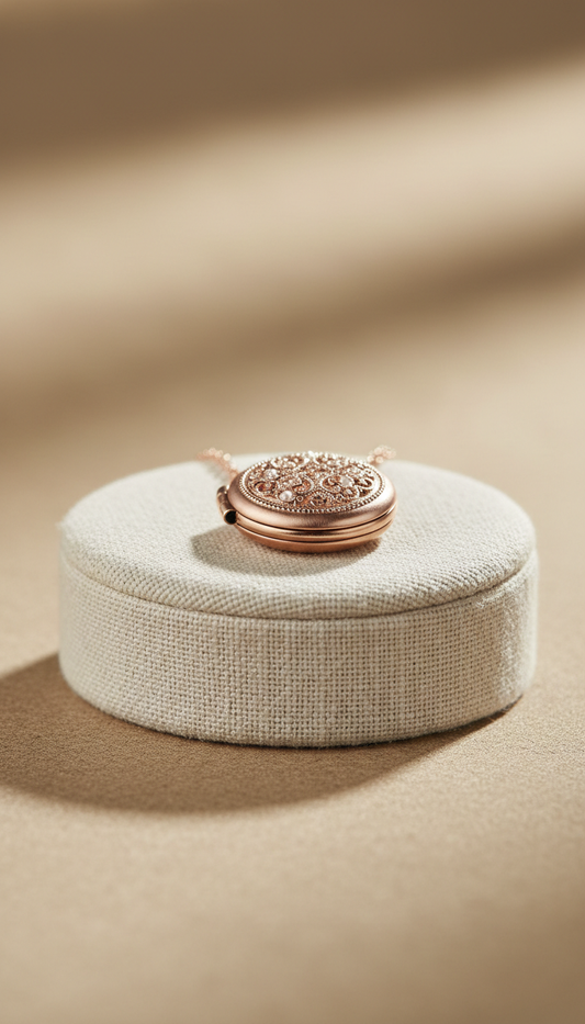 Vintage-inspired heirloom locket necklace in rose gold