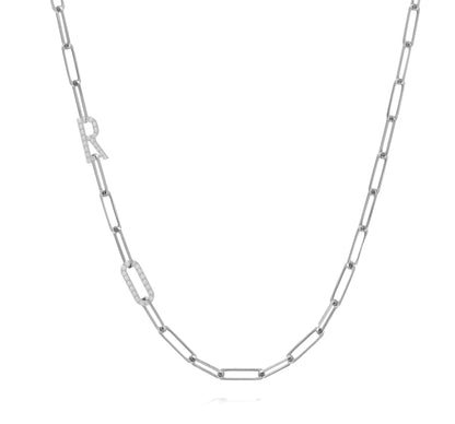 Paper clip chain necklace with pave letters