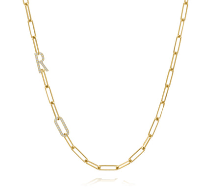 Paper clip chain necklace with pave letters