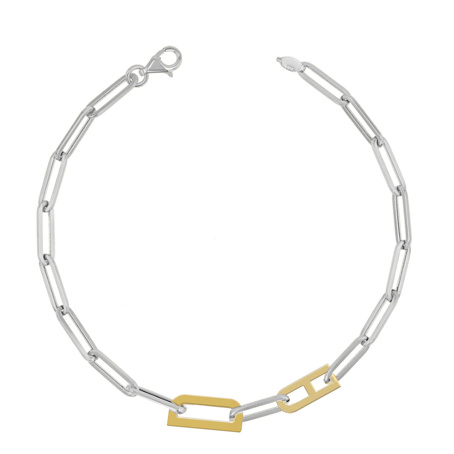 Silver and Gold Paper clip chain Bracelet with gold letters