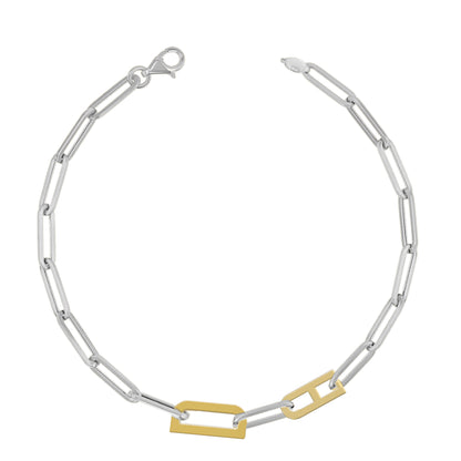 Silver and Gold Paper clip chain Bracelet with gold letters