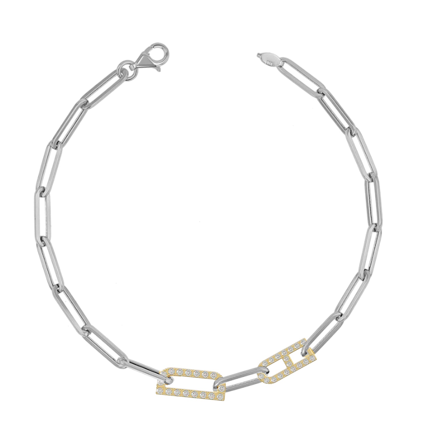 Silver and Gold Paper clip chain Bracelet with pave letters