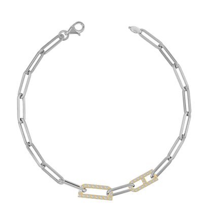 Silver and Gold Paper clip chain Bracelet with pave letters