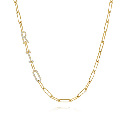 Paper clip chain necklace with pave letters