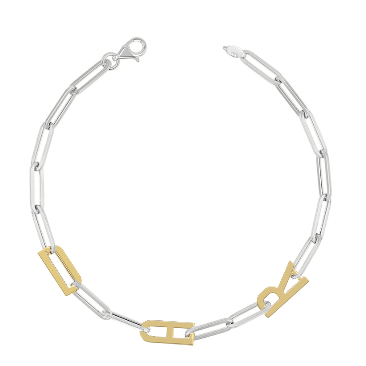 Silver and Gold Paper clip chain Bracelet with gold letters