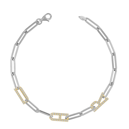 Silver and Gold Paper clip chain Bracelet with pave letters