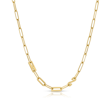 Paper clip chain necklace with solid letters