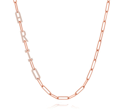 Paper clip chain necklace with pave letters