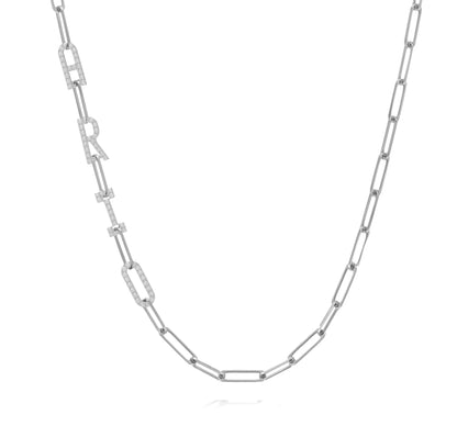 Paper clip chain necklace with pave letters