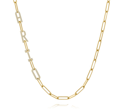 Paper clip chain necklace with pave letters