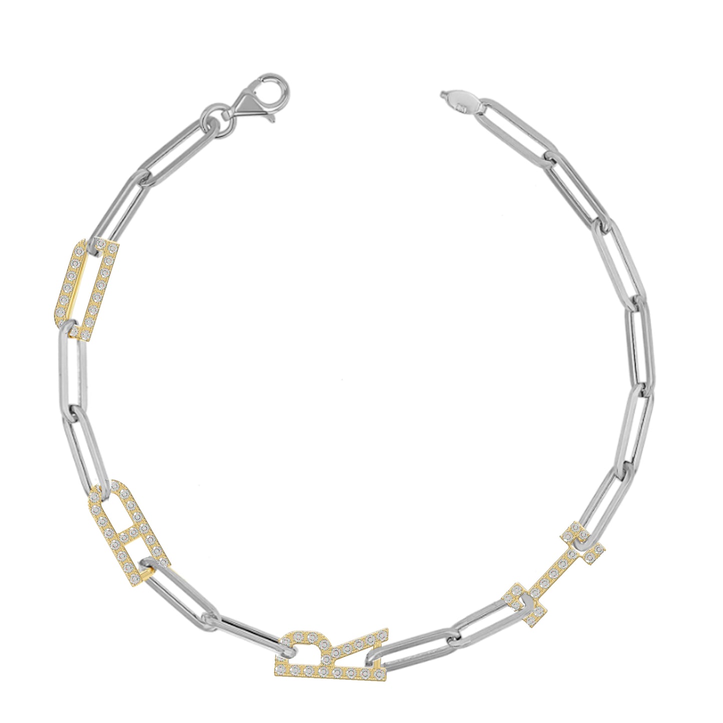 Silver and Gold Paper clip chain Bracelet with pave letters