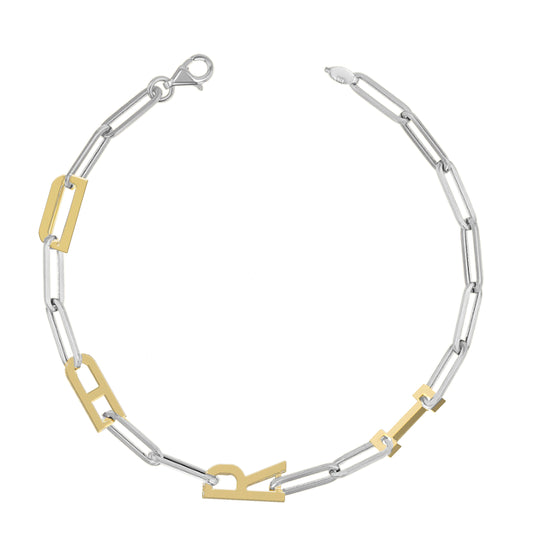 Silver and Gold Paper clip chain Bracelet with gold letters