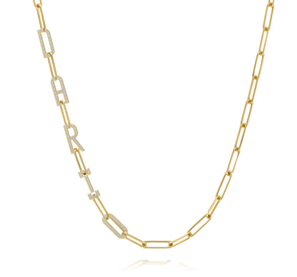 Paper clip chain necklace with pave letters