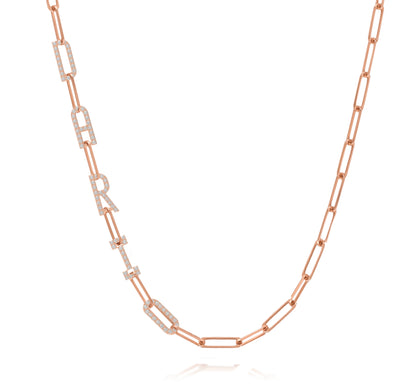 Paper clip chain necklace with pave letters